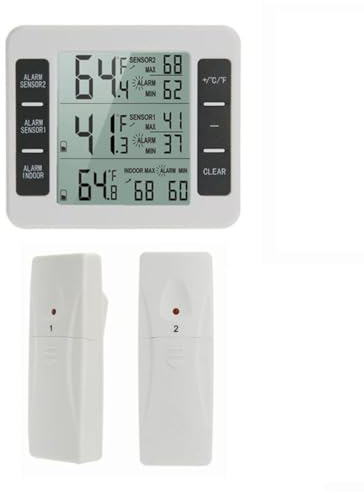 Fridge Thermometer, Indoor Outdoor Thermometer with Sensors, Wireless Digital Freezer Refrigerator Thermometer Temperature Monitor & Humidity Gauge, Alarm(2X sensor)