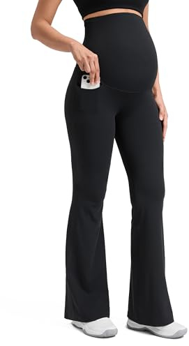 CRZ YOGA Butterluxe Maternity Flare Leggings Pockets 29'' - Workout Yoga Bootcut Pregnancy Womens Pants Over The Belly Black Small