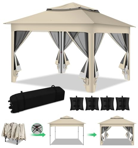 Monucep Trädgårdspaviljong 3 x 3 m, vattentät UV-beständig, paviljong med 4 sidodelar, justerbar höjd, stabilt festtält med sandsäckar och bärväska med hjul för trädgårdsfest, camping, beige