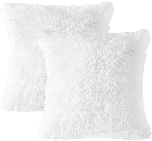 MINWEGI 2 Pack Cushion Covers 43x43cm, Double-Sided Fluffy Pillow Covers, Soft Pet Friendly Square Throw Pillow Cases for Sofa Bedroom Decor (White, 43 * 43CM)