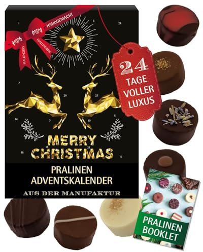 Hallingers Genuss Manufaktur Pralinen Adventskalender - mit & ohne Alkohol, handmade aus Confiserie-Edelkakao in wertigem Softfeel-Karton Goldene Elche, Weihnachtskalender für Frauen Männer
