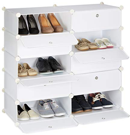 Relaxdays Schuhschrank mit 10 Fächern, Schuhregal groß, Steckregal Kunststoff, DIY, HxBxT ca. 90 x 94 x 37 cm, weiß