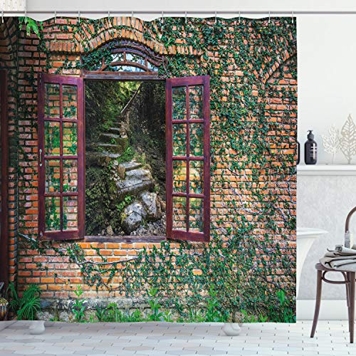ABAKUHAUS Country Shower Curtain, House with Open Windows Inside Forest Design View Brick Wall with Ivy Rural Print, Cloth Fabric Bathroom Decor Set with Hooks, 78 Inches, Multicolor