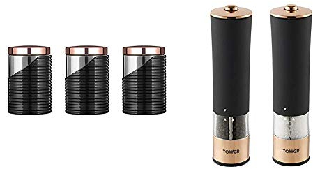 Tower Linear Set of 3 Storage Canisters, Stainless Steel, Black and Rose Gold & Electric Salt and Pepper Mill, Stainless Steel, Soft-Touch Body, Rose Gold and Black