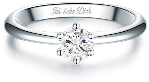 Trilani Damen Solitär-Ring aus 925/- Sterling Silber Zirkonia im Brillantschliff Gravur Ich Liebe Dich Verlobungsring Antragring