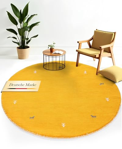 carpetfine Wollteppich Gabbeh Uni Rund Gelb Ø 80 | Moderner Teppich für Wohn- und Schlafzimmer