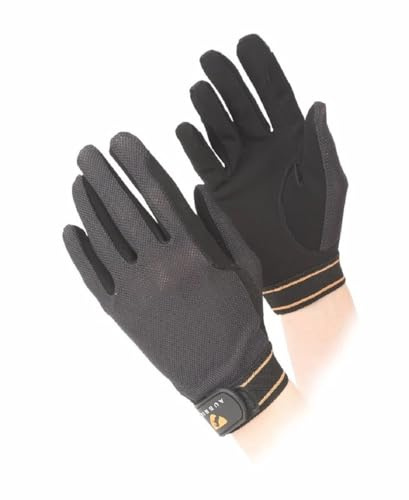 Shires Aubrion Mesh Riding Gloves - Ladies Breathable Non-Slip Equestrian Gloves with Synthetic Suede Palm Black/Medium