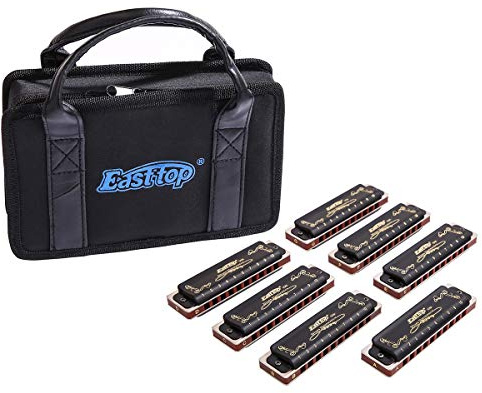Easttop Diatonische Blues Mundharmonika, 10 Löcher, Blues Mundharmonika, 20 Töne, 008 K mit Etui, professionellere Mundharmonika für Anfänger, Studenten, Erwachsene (ABCDEFG-7Keys)
