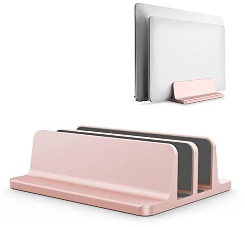 bamutech laptop stand Vertical Laptop Stand Aluminium Double Desktop Holder Space Saving Bookshelf Mount Bracket with Adjustable Dock For Notebook desktop computer stand (Size : Rose Gold)