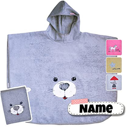Stickling Kinder Poncho + Waschlappen mit Name bestickt | Baumwolle | personalisiert | Kapuzenbadetuch Bademantel Kinder | Kapuzenhandtuch | Badetuch mit Kapuze | bis 7 Jahre (Seehund grau)