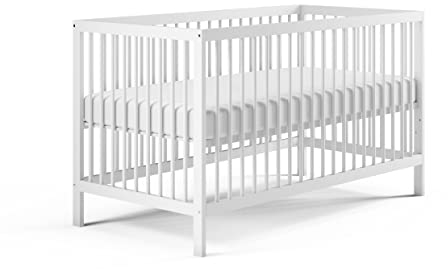Babybett Kinderbett Gitterbett 70x140 höhenverstellbar & herausnehmbare Sprossen, optional mit Schublade und Matratze | Buchenholz Weiss sehr stabil Made in Europe | von Geburt bis 6. Lebensjahr