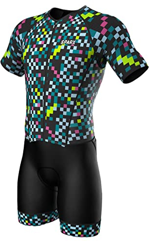 Sparx Mens Elite Aerosuit Triathlon Suit Mens Short Sleeve Tri Suit Skinsuit (Cubes, 2XL)