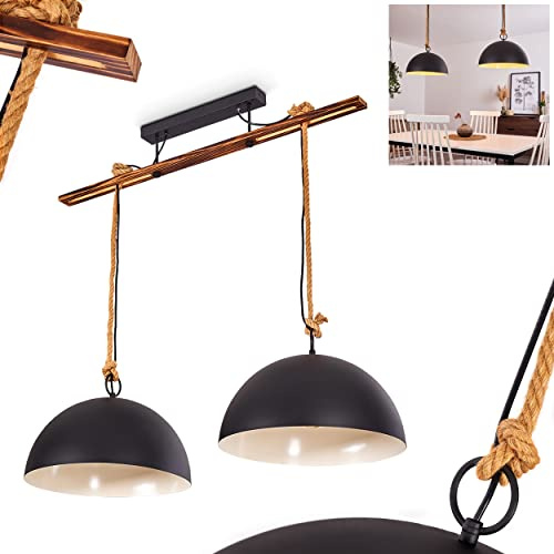 Pendelleuchte Teneru moderne Hängelampe aus Metall/Holz/Seil in Schwarz/Natur/Weiß, Hängeleuchte mit runden Schirmen (Ø 40 cm), Höhe max. 113 cm, 2-flammig, 2 x E27, ohne Leuchtmittel