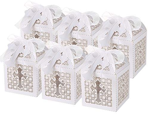 LIHAO 50x Taufe Geschenkbox Gastgeschenk Boxen mit Kreuzanhängern Taufgeschenkbox Kruzifix Süßigkeiten Schachtel für Kommunion Hochzeit Kinder Taufe Party