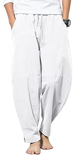 YAOBAOLE Pantaloni uomo cotone lino harem pantaloni uomo con tasche pantaloni casual uomo, bianco, XL
