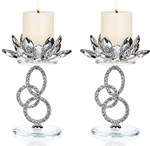 OwnMy Set of 2 Crystal Lotus Flower Candlestick Holders Metal Glass Lotus Pillar Candle Holders, Silver Crystal Lotus Votive Candlesticks Tealight Candle Stands for Wedding Table Centerpiece, 6.1 H