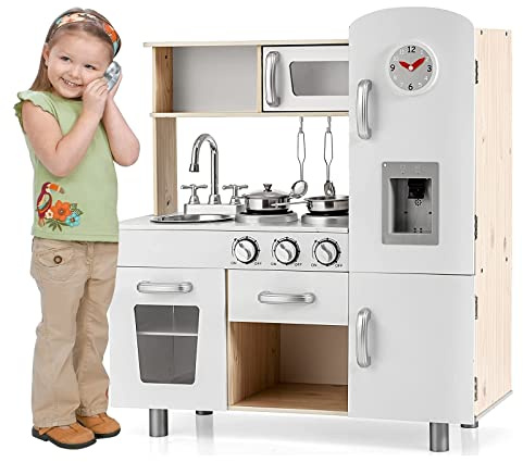 COSTWAY Cuisine Enfants avec Téléphone & Horloge, Cuisiniere Enfants avec Effet Sonore, Distributeur d'eau & Boutons de Simulation, Jeu de Cuisine pour Garçons Filles de 3 Ans+(Naturel)