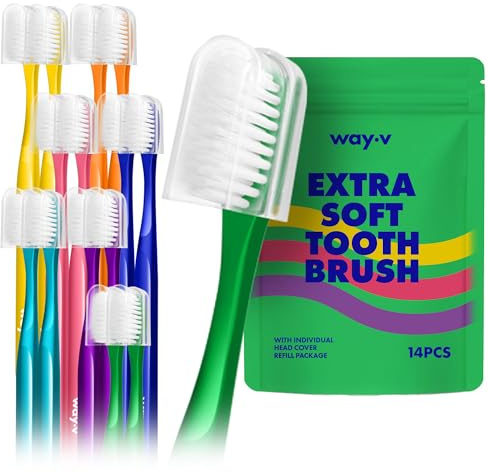 WAY.V Recambio de cepillo de dientes extra suave para adultos, encías y dientes sensibles con cubiertas individuales para la cabeza, 14 cepillos de dientes manuales, familia e invitados, verde (14