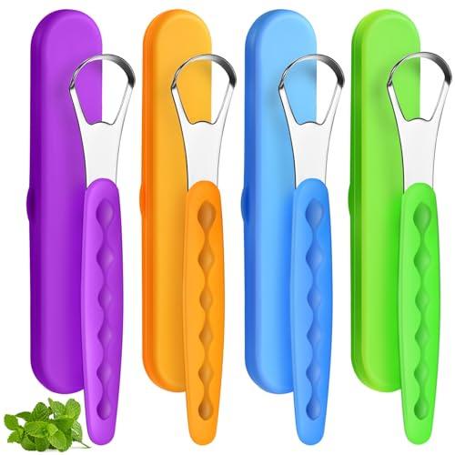 4 Pcs Tongue Scraper Cleaner Adults and Kids Stainless Steel Tongue Brush Metal Scraper Reduce Bad Breath with Travel Cases for Men Women Oral Mouth(Purple, Orange, Blue and Green)