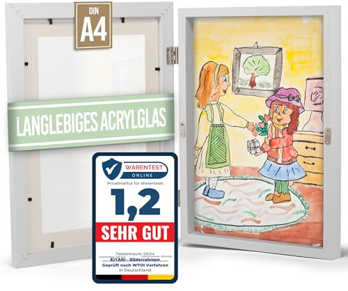 KIYARI Bilderrahmen Kinderzeichnungen A4 Holz Weiß Magnetverschluss | A4 Bilderrahmen aus Holz, Magnetverschluss, Bis zu 150 Kinderzeichnungen, Bruchsicheres Acrylglas