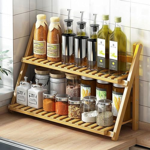 Dreamhousey Küchenspeicherregal Haushaltsarbeitsplatte Gewürzregal, 2-Etagen multifunktionales Gewürzregal Einfacher moderner Blumenregal Bambus Holz (Holz Farbe, L)