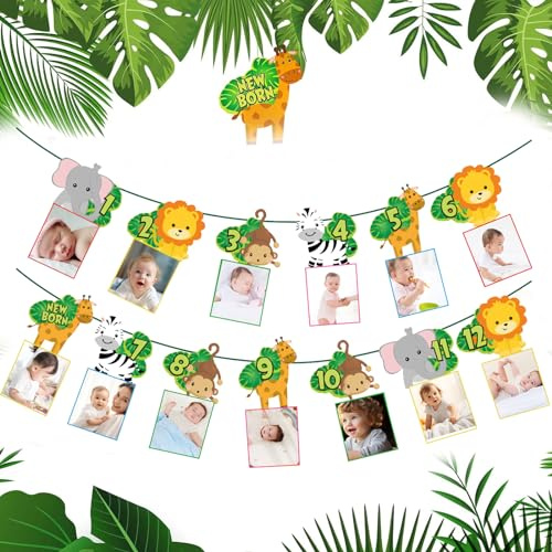 ChAusa Fotogirlande 1. Geburtstag, 12 Monate Fotogirlande, 1. Geburtstag Foto Banner, Baby-Meilenstein-Girlande Geburtstagsdeko, Dschungel Geburtstag Dekoration für Junge Mädchen Party Taufe