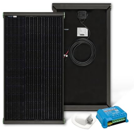 MOSCATELLI panneau solaire 120W Black Boost Monocristallin PERC - Kit Complet pour Camping-car avec Support Intégré en Aluminium Noir pour Fixation au Toit + Régulateur VICTRON MPPT Bluetooth 10A