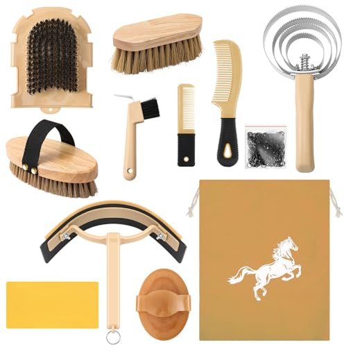 Abbylike 12 Pieces Horse Grooming Kit Equine Care Brushes, Khaki