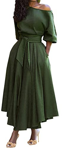 Ansenesna Sommerkleid Damen Lang Slope Schulter Kleider Damen Sommer Leicht A Linie Leichte Sommerkleider mit Gürtel Frauen Elegant Luftige Maxikleider Kurzarm Kleid Einfarbig Damenkleider Luftig
