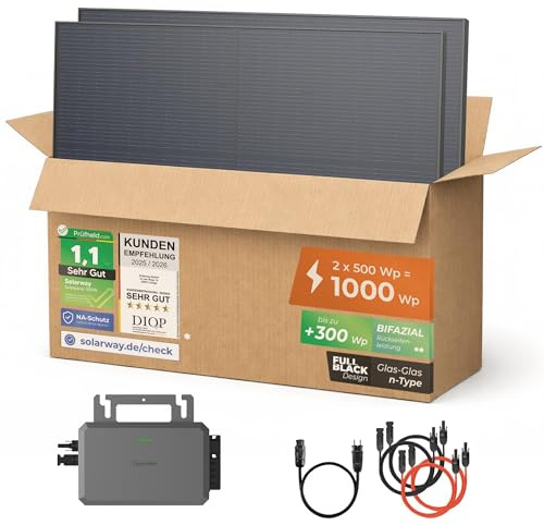 Solarway® Balkonkraftwerk 800W mit 1000Wp Solarmodulen – Komplettset mit Hoymiles HiFlow 800 Wechselrichter – 2× 500W bifaziale Black Solarpanels – Mini PV Anlage für Steckdose inkl. Zubehör