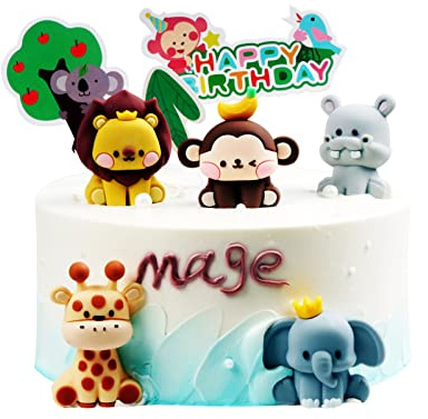 Animal Cake Toppers - Safari Cake Toppers Set of 5pcs, Lion, Elephant, Monkey, Giraffe & Hippo - Ideal for Baby Shower, Birthday & Christening Cake Decor