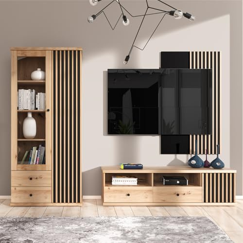 Lomadox Wohnwand Anbauwand 3-teilig, Vitrine, TV Lowboard, Wandpaneel, Eiche mit schwarz