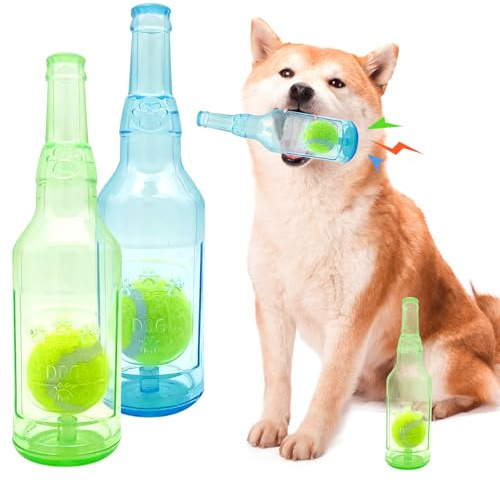 Cxqbsmy 2 PCS Dog Chew Toys, Squeaky Dog Toys, Plastic Bottle Toys for Dogs with Tennis Ball, Outdoor Interactive Dog Toys Dogs Dental Care Teeth Cleaning Toy for Large and Small Dog