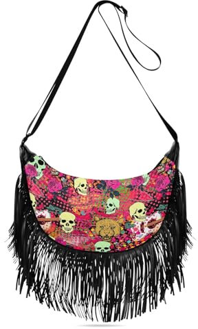 GAIREG Fransentasche, Crossbody-Tasche, Quaste, Geldbörsen für Damen, Western-Fransen, Leder, Crossbody-Tasche, Mexican Day Dead Lepard