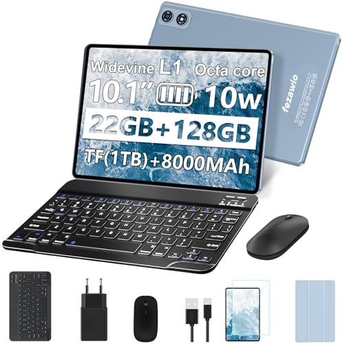 fezawio Tablet 10 Zoll Android 14 2-in-1 Tablet PC mit Tastatur und Maus, 22GB RAM + 128GB ROM (TF 1TB Erweiterbar), 8000mAh Akku, Face ID, Widevine L1, 5MP+8MP Kamera, WiFi 6, Bluetooth 5.0-Grau
