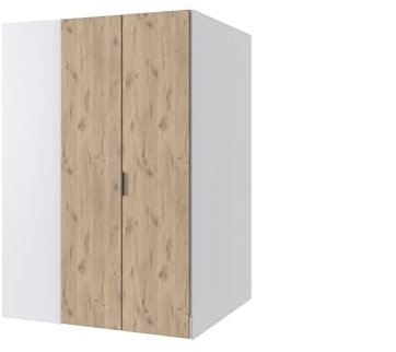 möbelando Drehtürenschrank >NORDERNEY< in Weiß/Viking Oak Nachbildung, Maße 135x197x127 cm, 9 Einlegeböden, 1 Kleiderstange, Spiegel integriert, Made in Germany – ideal für Kinder und Jugendliche.