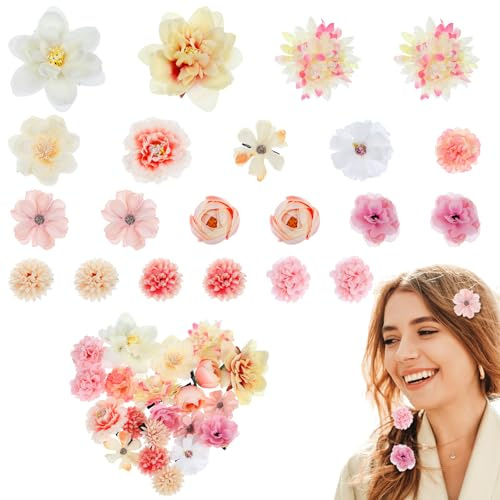 21 st realistiska blommor hårklämmor, silke blomma hårklämma rosa Hawaiian boho hårklämma för flickor klämma på blommor falska blomklämmor (rosa, vit)