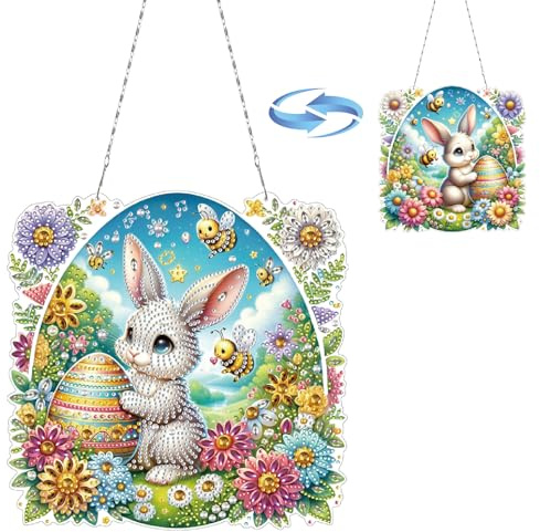 CXINLky DIY Diamond Art Painting Anhänger mit Kette Ostern, Ostern Diamant Painting Fensterbilder, 5D Diamond Osterei Malerei Wandbehang Kits für Fenster Wand Garten Decor-04-Osterhasenei