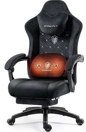 Dowinx Gaming Stuhl Ergonomisch, Gaming Sessel mit Fußstütze und Stoffbezug, Gaming Stuhl mit Massagefunktion, automatische Armlehnen, belastbar bis 150 kg, Schwarz