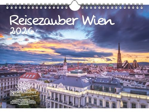 Reisezauber Wien DIN A4 Kalender für 2026 Österreich Urlaub - Geschenkset Inhalt: 1x Kalender 1x Weihnachtsanhänger 1x Grußanhänger (gesamt 3 Teile)