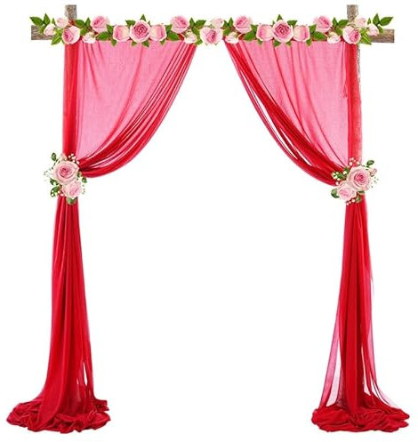 YKAFADE 2 Stück 75 * 550cm Querbehang Freihanddeko, Foto Hintergrund Vorhang Hochzeitsbogen Gardinen Vorhang Deko Chiffon Voile Freihandbogen Schals für Party Geburtstag Baby Dusche Taufe -Rot