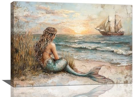Mermaid Bathroom Wall Art, Beach Ocean Sunset Canvas Wall Decor, Rustic Coastal Sailboat Framed Painting, Natural Landscape Artwork for Living Room Bedroom 24L'' × 16W''