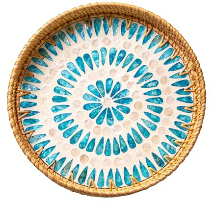 JUNGLE CULTURE Large Rattan Serving Tray 34 cm/14 with Mother of Pearl Inlay • Coastal Boho Collection • Handmade Serving Tray with Handles • Round Woven Table Trays for Home • Wicker Basket – Ripple | Handcrafted Decorative Wicker Serving Tray with Handles • Coastal Boho Table Decor • Woven Rattan Ottoman & Coffee Basket
