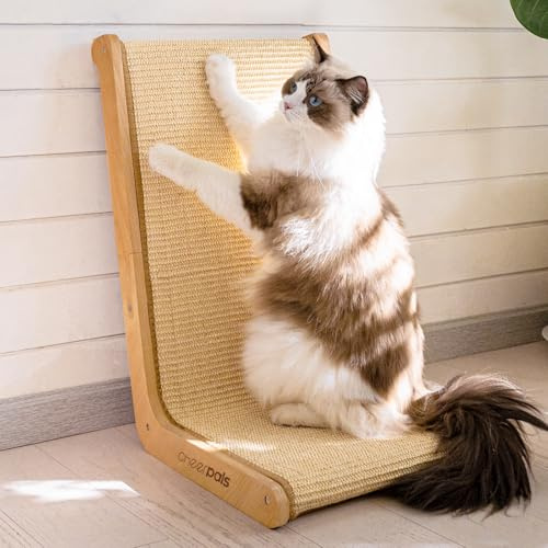 CheerPals L-Form Kratzbrett Katzen aus Massives Buchenholz-105°Design | Natürliche Sisal Pad Katze Kratzer - Große 58x37x48cm Haustiermöbel für alle Katzen