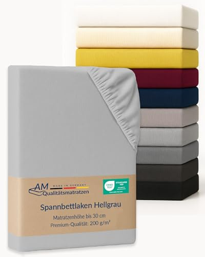 AM Qualitätsmatratzen Premium Spannbettlaken 110x200cm Baumwolle (200gsm) in Hellgrau - Made in Germany - Oeko TEX zertifiziertes Bettlaken 110x200 Baumwolle - Jersey Spannbetttuch - Fitted Sheets