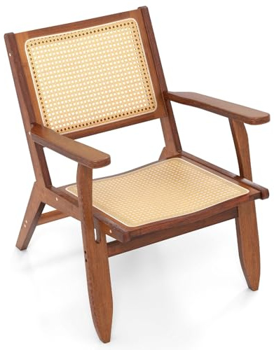 GYMAX Rattan Klappstühle, Klappstuhl Holz mit Armlehnen, Rahmen aus massivem Bambusholz, Rattanstuhl für Wohnzimmer, Schlafzimmer & Nussbaum