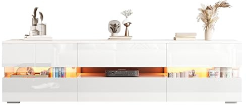 Crlnaup Armario moderno para TV de alto brillo, 160 x 39 x 45 cm, con iluminación LED, 2 puertas, 1 cajón, compartimento abierto, adecuado para televisores de 70 pulgadas, con inserto de cristal
