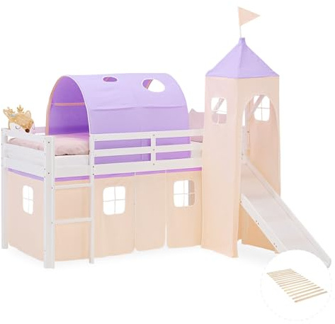 Homestyle4u Hochbett mit Rutsche Lattenrost 90x200 cm Weiß, Kinderbett aus Holz Kiefer, mit Turm Tunnel Vorhang Beige Lila, Artikel 2959