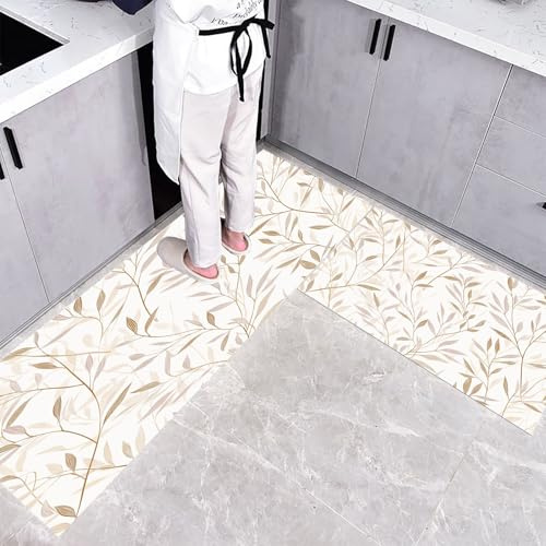 Tappetini da Cucina 2 pezzi 50×80cm+50×160cm, Tappeto Cucina Antiscivolo Elegante Pianta, Antiscivolo Tappeti Foglie Di Salice Astratte, Lavabile, Adatto per Corridoi, Cucine, Crema