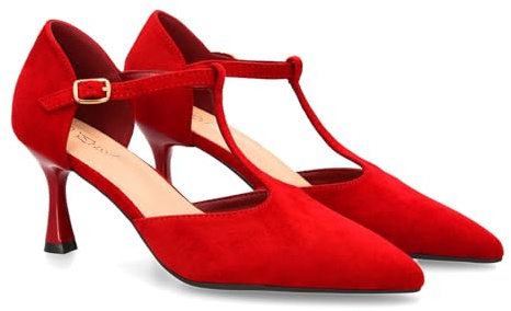 96117 Zapato de Tacon Medio con Tira en T para Mujer. Elegante, Comodo y versatil. con un Diseno Tipo Salon Ideal para Otono Invierno. Cierre de Hebilla y Tacon Fino. Burdeos Talla 37